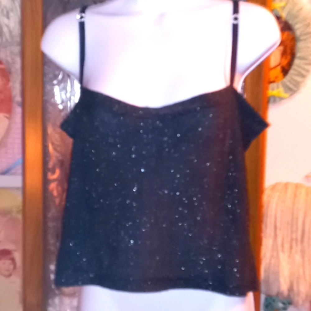 NWT, Vintage 90s, Semi-Transparent, Black Cami/Crop Top with Silver Sparkles